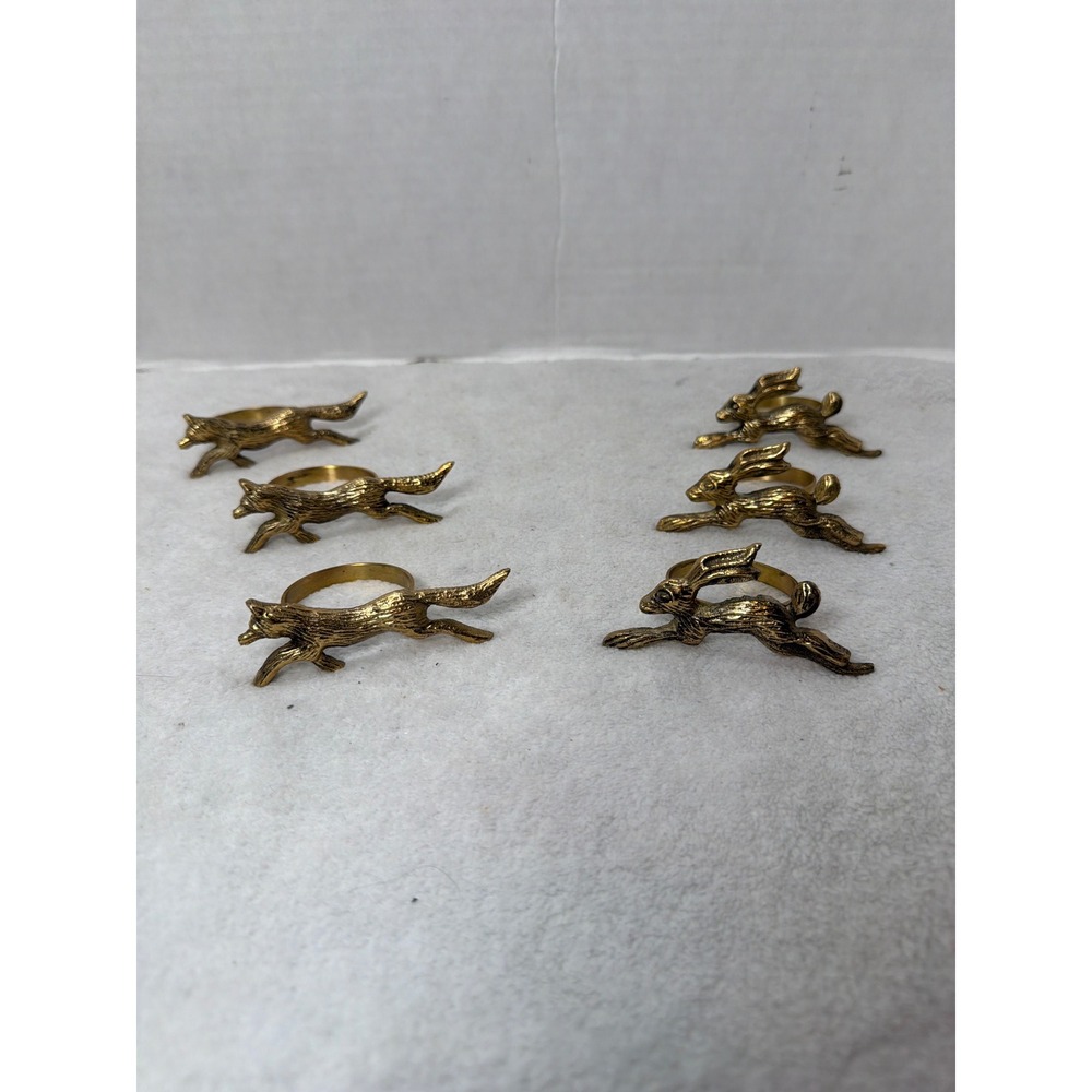 Unbranded Napkin Rings Gold Brass Fox and Hare Hunt Set of 6 Vintage